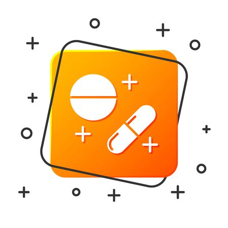 White Medicine pill or tablet icon isolated on white background. Capsule pill and drug sign. Pharmacy design. Orange square button. Vector Illustrationのイラスト素材