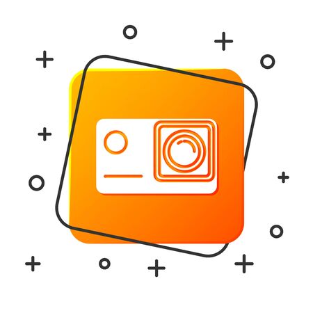 White Action extreme camera icon isolated on white background. Video camera equipment for filming extreme sports. Orange square button. Vector Illustrationのイラスト素材