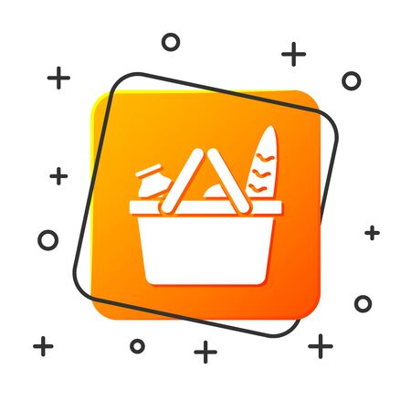 White Shopping basket and food icon isolated on white background. Food store, supermarket. Orange square button. Vector Illustrationのイラスト素材