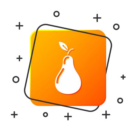 White Pear icon isolated on white background. Fruit with leaf symbol. Orange square button. Vector Illustrationのイラスト素材