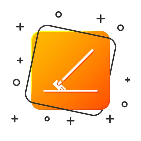 White Garden rake in work icon isolated on white background. Tool for horticulture, agriculture, farming. Ground cultivator. Orange square button. Vector Illustrationのイラスト素材