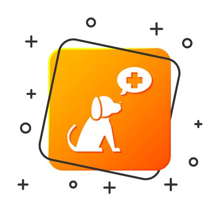 White Veterinary clinic symbol icon isolated on white background. Cross with dog veterinary care. Pet First Aid sign. Orange square button. Vector Illustrationのイラスト素材
