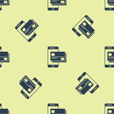 Blue Mobile phone and credit card icon isolated seamless pattern on white background. Smartphone online payment concept. NFC payment. Transfer icon. Vector Illustrationのイラスト素材