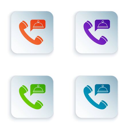 Color Food ordering icon isolated on white background. Order by mobile phone. Restaurant food delivery concept. Set icons in colorful square buttons. Vector Illustrationのイラスト素材