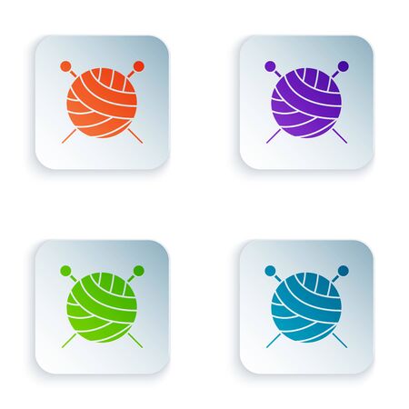 Color Yarn ball with knitting needles icon isolated on white background. Label for hand made, knitting or tailor shop. Set icons in colorful square buttons. Vector Illustrationのイラスト素材