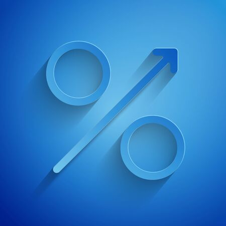 Paper cut Percent up arrow icon isolated on blue background. Increasing percentage sign. Paper art style. Vector Illustrationのイラスト素材