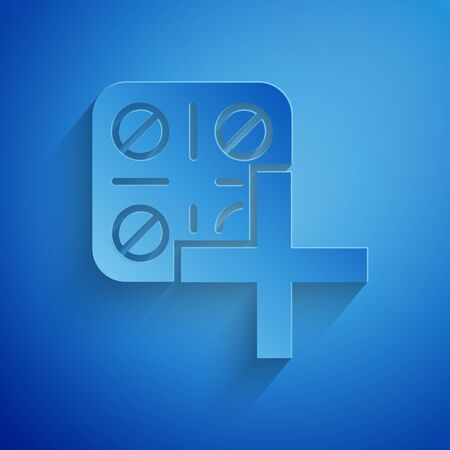 Paper cut Pills in blister pack icon isolated on blue background. Medical drug package for tablet vitamin, antibiotic, aspirin. Paper art style. Vector Illustrationのイラスト素材