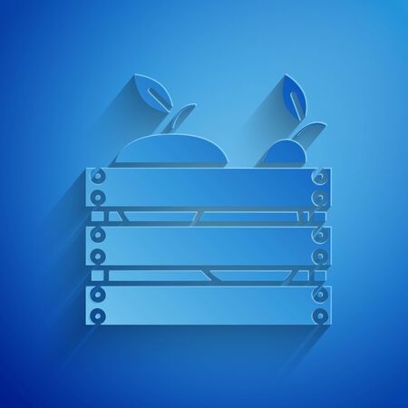 Paper cut Wooden box for fruits and vegetables icon isolated on blue background. Paper art style. Vector Illustrationのイラスト素材