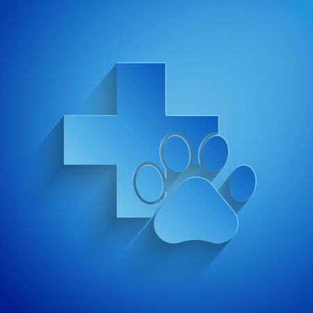 Paper cut Veterinary clinic symbol icon isolated on blue background. Cross hospital sign. A stylized paw print dog or cat. Pet First Aid sign. Paper art style. Vector Illustrationのイラスト素材
