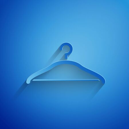 Paper cut Hanger wardrobe icon isolated on blue background. Cloakroom icon. Clothes service symbol. Laundry hanger sign. Paper art style. Vector Illustrationのイラスト素材