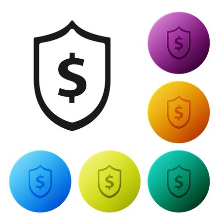 Black Shield with dollar symbol icon isolated on white background. Security shield protection. Money security concept. Set icons colorful circle buttons. Vector Illustrationのイラスト素材