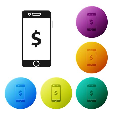 Black Smartphone with dollar symbol icon isolated on white background. Online shopping concept. Financial mobile phone icon. Online payment. Set icons colorful circle buttons. Vector Illustrationのイラスト素材