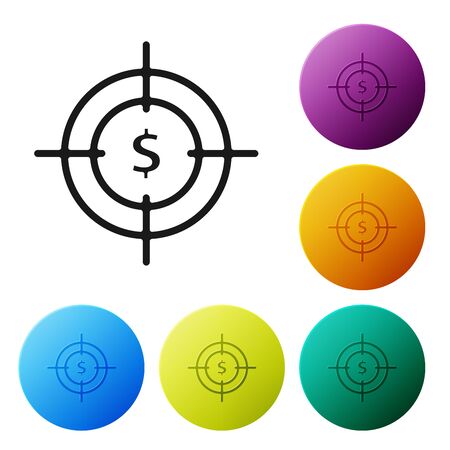 Black Target with dollar symbol icon isolated on white background. Investment target icon. Successful business concept. Cash or Money sign. Set icons colorful circle buttons. Vector Illustrationのイラスト素材