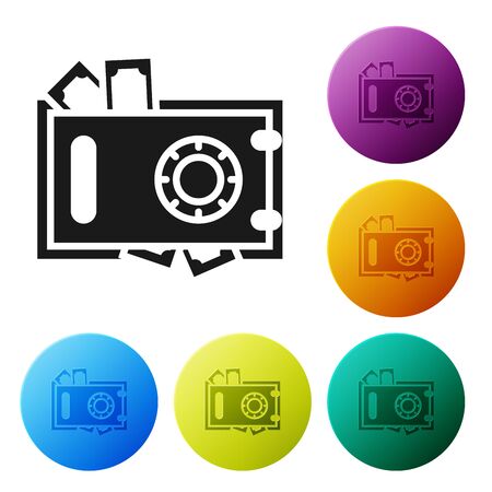 Black Safe and money icon isolated on white background. The door safe a bank vault with a combination lock. Reliable Data Protection. Set icons colorful circle buttons. Vector Illustrationのイラスト素材