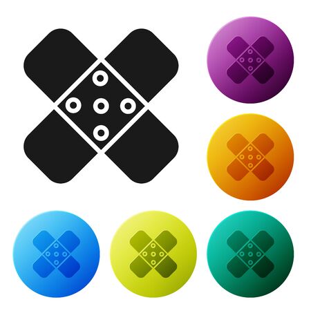 Black Crossed bandage plaster icon isolated on white background. Medical plaster, adhesive bandage, flexible fabric bandage. Set icons colorful circle buttons. Vector Illustrationのイラスト素材