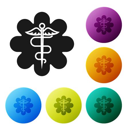 Black Emergency star - medical symbol Caduceus snake with stick icon isolated on white background. Star of Life. Set icons colorful circle buttons. Vector Illustrationのイラスト素材