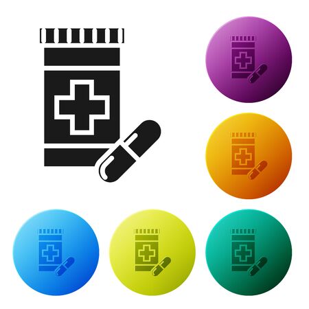 Black Medicine bottle and pills icon isolated on white background. Bottle pill sign. Pharmacy design. Set icons colorful circle buttons. Vector Illustrationのイラスト素材