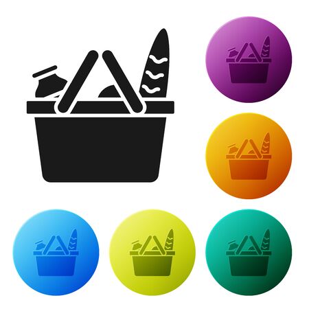 Black Shopping basket and food icon isolated on white background. Food store, supermarket. Set icons colorful circle buttons. Vector Illustrationのイラスト素材