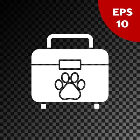 White Pet first aid kit icon isolated on transparent dark background. Dog or cat paw print. Clinic box. Vector Illustrationのイラスト素材