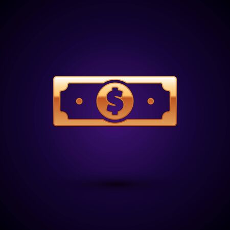 Gold Stacks paper money cash icon isolated on dark blue background. Money banknotes stacks. Bill currency. Vector Illustrationのイラスト素材
