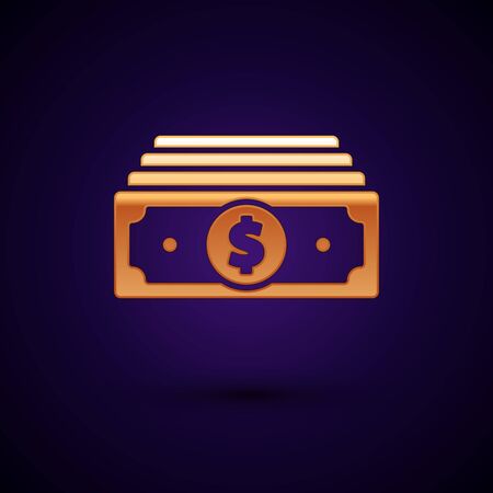Gold Stacks paper money cash icon isolated on dark blue background. Money banknotes stacks. Bill currency. Vector Illustrationのイラスト素材
