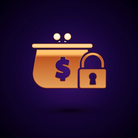 Gold Closed wallet with lock icon isolated on dark blue background. Locked wallet. Security, safety, protection concept. Concept of a safe payment. Vector Illustrationのイラスト素材