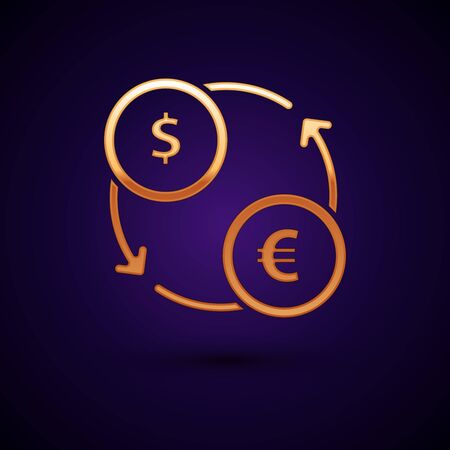 Gold Money exchange icon isolated on dark blue background. Euro and Dollar cash transfer symbol. Banking currency sign. Vector Illustrationのイラスト素材