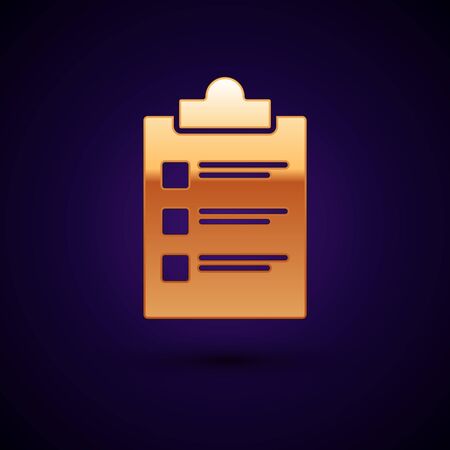 Gold Clipboard with checklist icon isolated on dark blue background. Control list symbol. Survey poll or questionnaire feedback form. Vector Illustrationのイラスト素材
