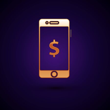 Gold Smartphone with dollar symbol icon isolated on dark blue background. Online shopping concept. Financial mobile phone icon. Online payment. Vector Illustrationのイラスト素材