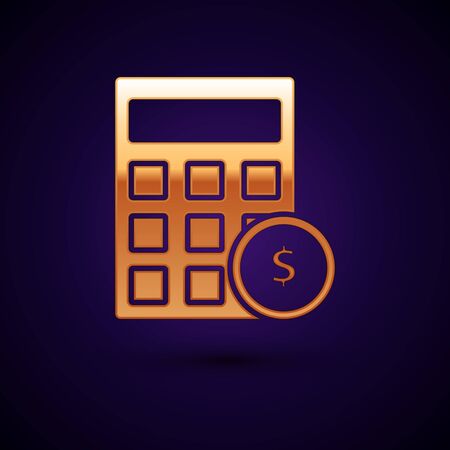 Gold Calculator with dollar symbol icon isolated on dark blue background. Money saving concept. Accounting symbol. Vector Illustrationのイラスト素材