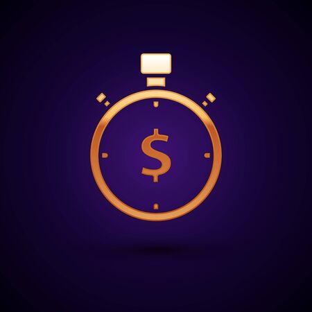 Gold Time is money icon isolated on dark blue background. Money is time. Effective time management. Convert time to money. Stopwatch sign. Vector Illustrationのイラスト素材