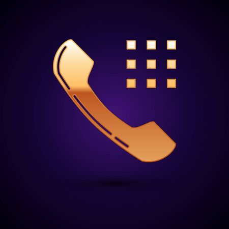 Gold Telephone handset icon isolated on dark blue background. Phone sign. Vector Illustrationのイラスト素材