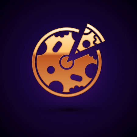 Gold Pizza icon isolated on dark blue background. Fast food menu. Vector Illustrationのイラスト素材