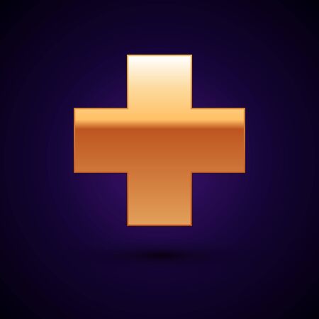 Gold Cross hospital medical icon isolated on dark blue background. First aid. Diagnostics symbol. Medicine and pharmacy sign. Vector Illustrationのイラスト素材