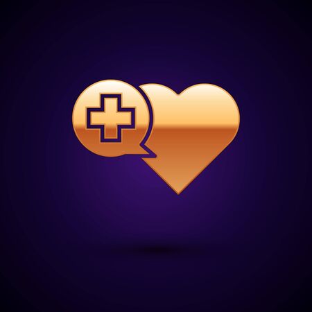 Gold Heart with a cross icon isolated on dark blue background. First aid. Healthcare, medical and pharmacy sign. Vector Illustrationのイラスト素材
