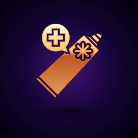 Gold Ointment cream tube medicine icon isolated on dark blue background. Tube, container, toothpaste, cream sign. Vector Illustrationのイラスト素材