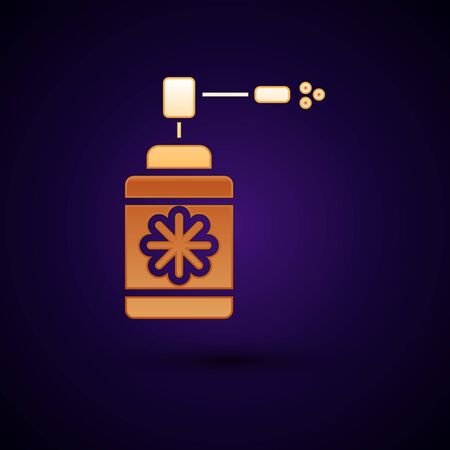 Gold Medical bottle with nozzle spray for the treatment of diseases of the nose and throat icon isolated on dark blue background. Vector Illustrationのイラスト素材