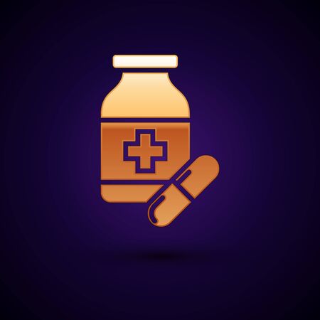 Gold Medicine bottle and pills icon isolated on dark blue background. Bottle pill sign. Pharmacy design. Vector Illustrationのイラスト素材