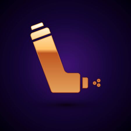 Gold Inhaler icon isolated on dark blue background. Breather for cough relief, inhalation, allergic patient. Medical allergy asthma inhaler spray. Vector Illustrationのイラスト素材