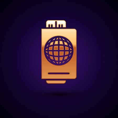Gold Passport with ticket icon isolated on dark blue background. Identification Document. Concept travel and tourism. Vector Illustrationのイラスト素材