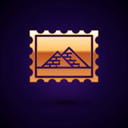 Gold Postal stamp and Egypt pyramids icon isolated on dark blue background. Vector Illustrationのイラスト素材
