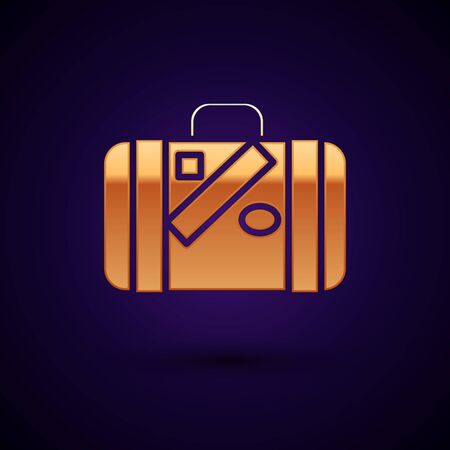 Gold Suitcase for travel and stickers icon isolated on dark blue background. Traveling baggage sign. Travel luggage icon. Vector Illustrationのイラスト素材