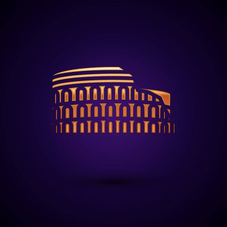Gold Coliseum in Rome, Italy icon isolated on dark blue background. Colosseum sign. Symbol of Ancient Rome, gladiator fights. Vector Illustrationのイラスト素材