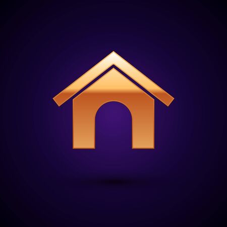 Gold Dog house icon isolated on dark blue background. Dog kennel. Vector Illustrationのイラスト素材
