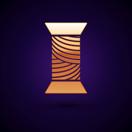 Gold Sewing thread on spool icon isolated on dark blue background. Yarn spool. Thread bobbin. Vector Illustrationのイラスト素材