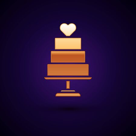 Gold Wedding cake with heart icon isolated on dark blue background.  Vector Illustrationのイラスト素材