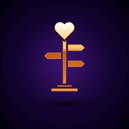 Gold Road traffic sign. Signpost with heart icon isolated on dark blue background. Isolated street information sign. Direction sign.  Vector Illustrationのイラスト素材