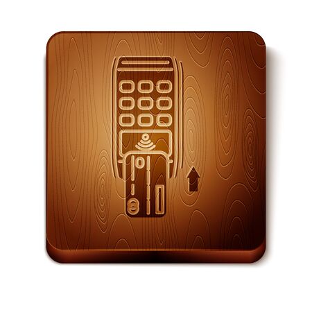 Brown Pos terminal with inserted credit card icon isolated on white background. Payment terminal transaction. Pay by card. Wooden square button. Vector Illustrationのイラスト素材