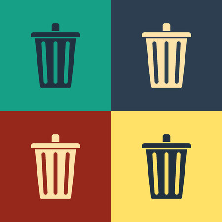 Color Trash can icon isolated on color background. Garbage bin sign. Recycle basket icon. Office trash icon. Vintage style drawing. Vector Illustrationのイラスト素材