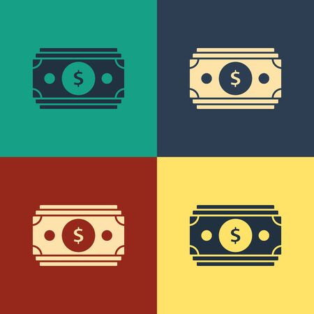 Color Stacks paper money cash icon isolated on color background. Money banknotes stacks. Bill currency. Vintage style drawing. Vector Illustrationのイラスト素材